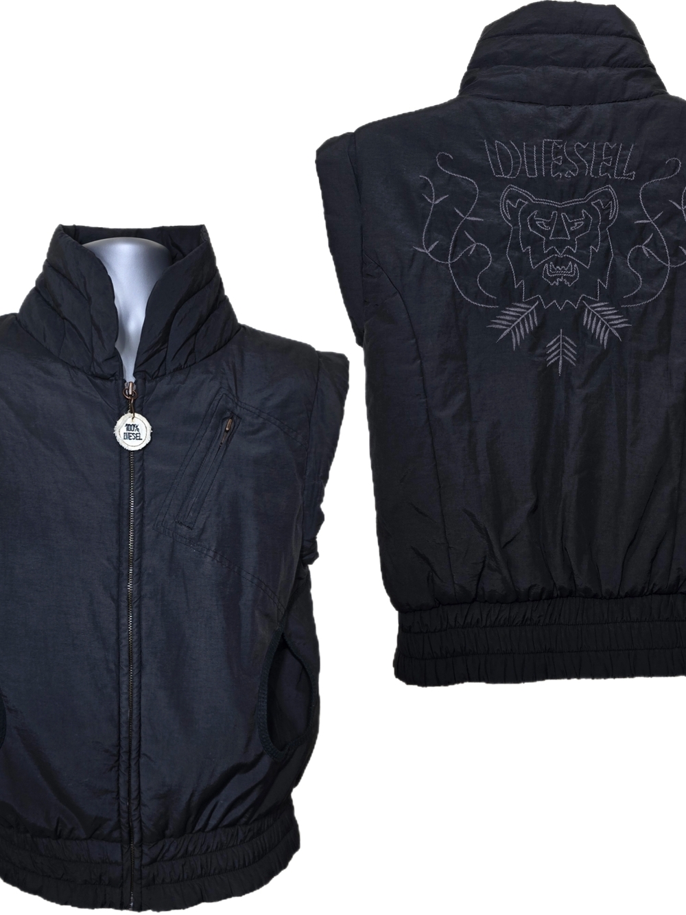 Diesel Y2K Black Sleeveless Puffer Vest XL Cotton Nylon Tiger Embroidered Jacket